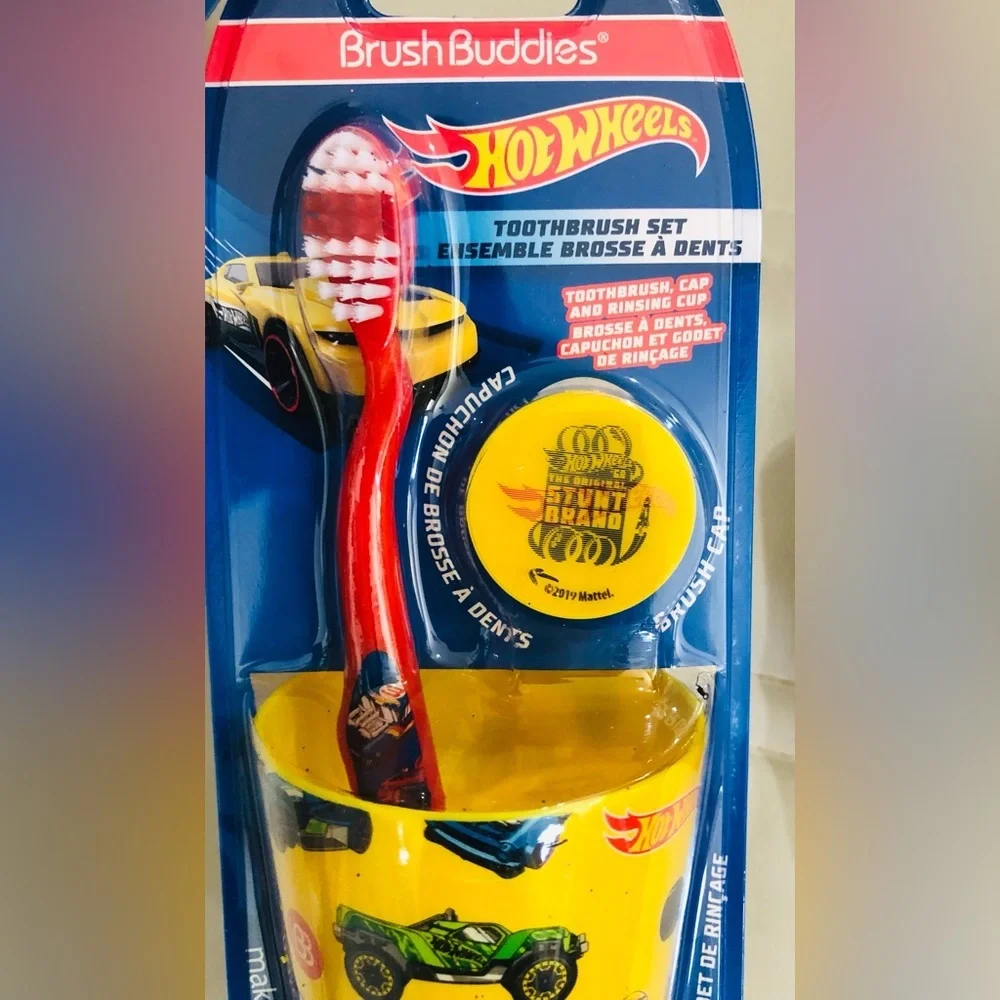 Hot wheels 3pc brush buddies soft ergonomic toothbrush, cap and rinsing cup‎ new